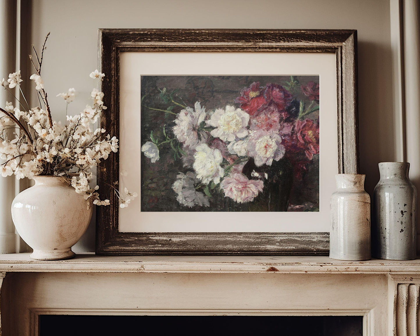 PRINTABLE Moody Pink Floral Print, Vintage painting still life wall art, Spring flowers print, Bedroom wall art print download | P063