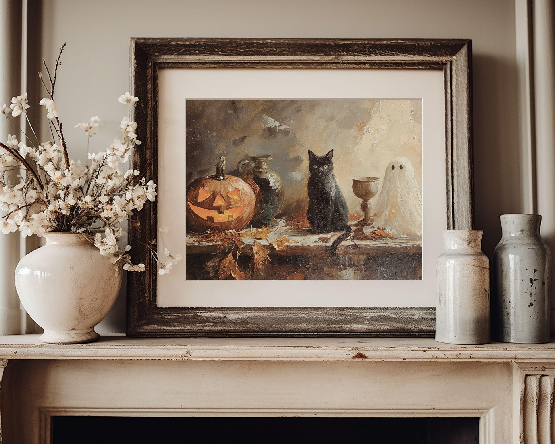 PRINTABLE Halloween Pumpkin Black Cat and Ghost Print, Vintage Style Halloween Wall Art, Jack O&#39;Lantern Moody Halloween Print Fall | P081