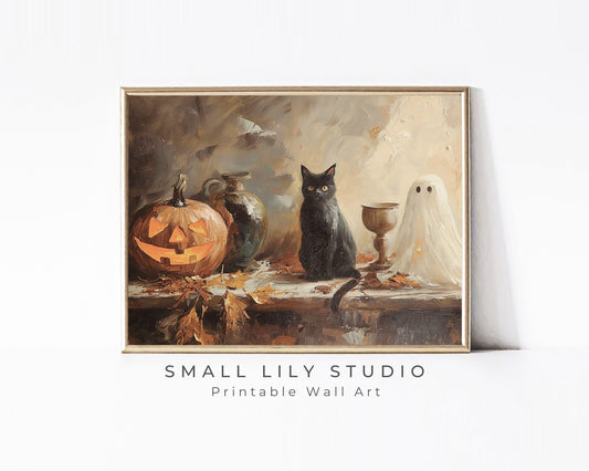 PRINTABLE Halloween Pumpkin Black Cat and Ghost Print, Vintage Style Halloween Wall Art, Jack O&#39;Lantern Moody Halloween Print Fall | P081