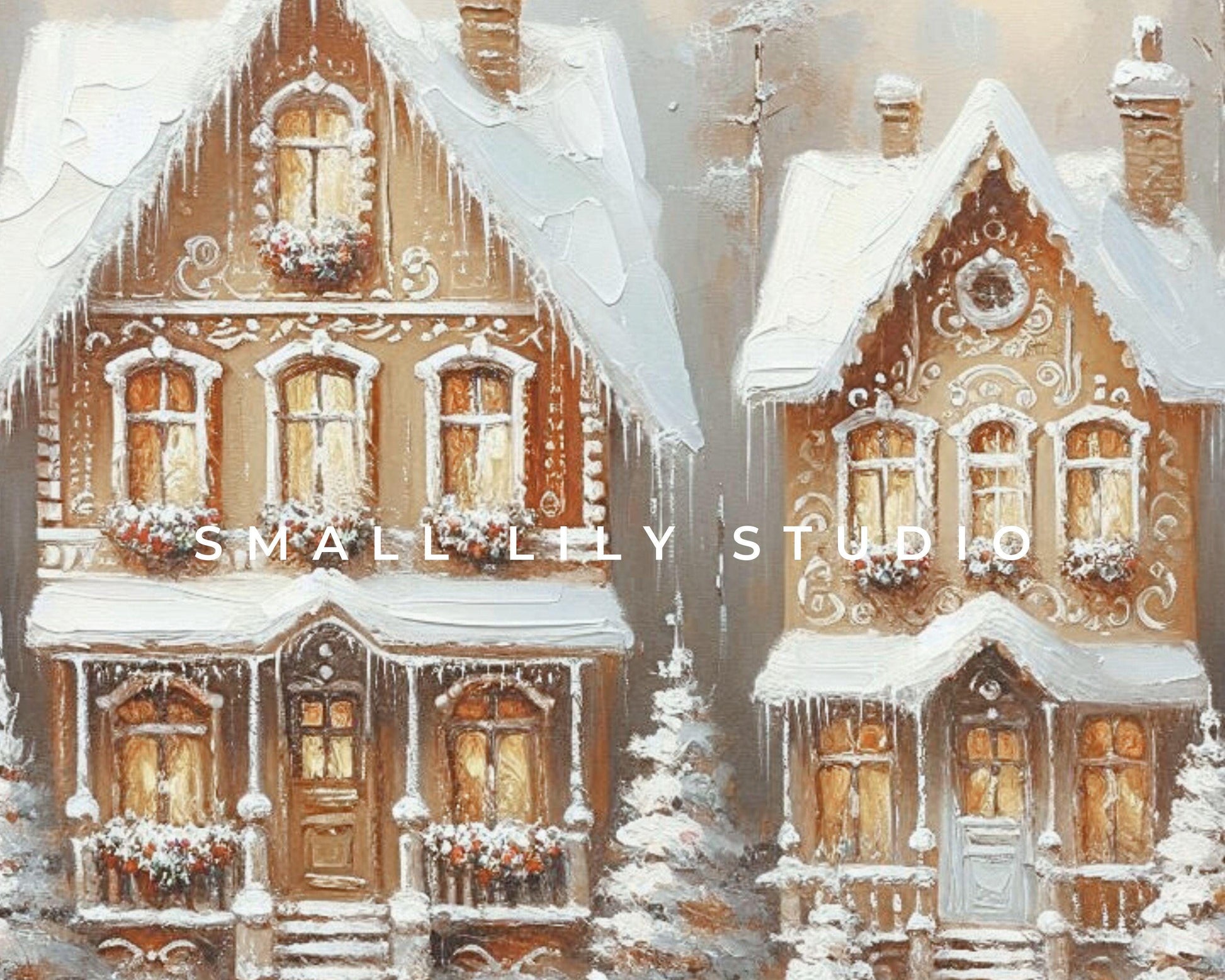 PRINTABLE Gingerbread Houses Print, Cute Christmas Wall Art for Kids Room, Neutral Festive Winter Painting Whimsical Picture Download | P108