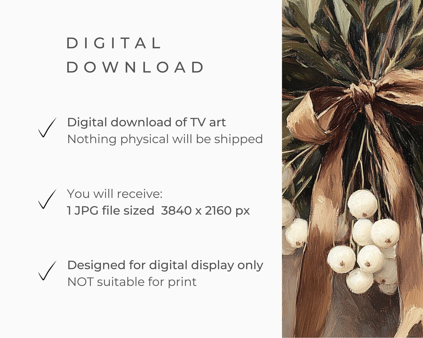 Christmas FRAME TV art Mistletoe with Brown Bow, Samsung Frame tv art vintage style still life painting, Neutral organic sage green | TV547