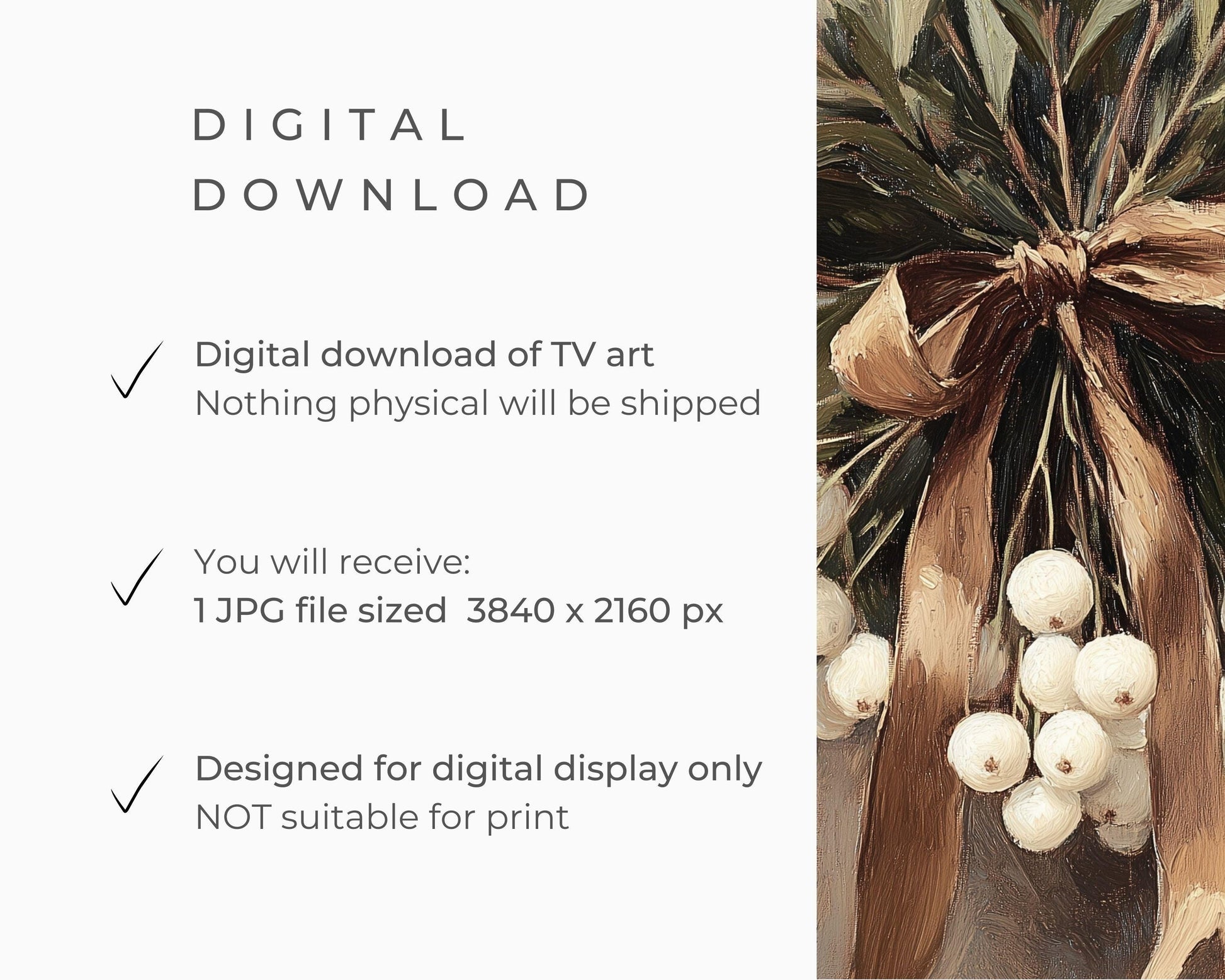 Christmas FRAME TV art Mistletoe with Brown Bow, Samsung Frame tv art vintage style still life painting, Neutral organic sage green | TV547