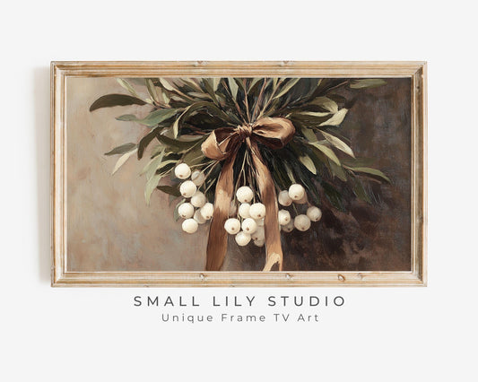 Christmas FRAME TV art Mistletoe with Brown Bow, Samsung Frame tv art vintage style still life painting, Neutral organic sage green | TV547