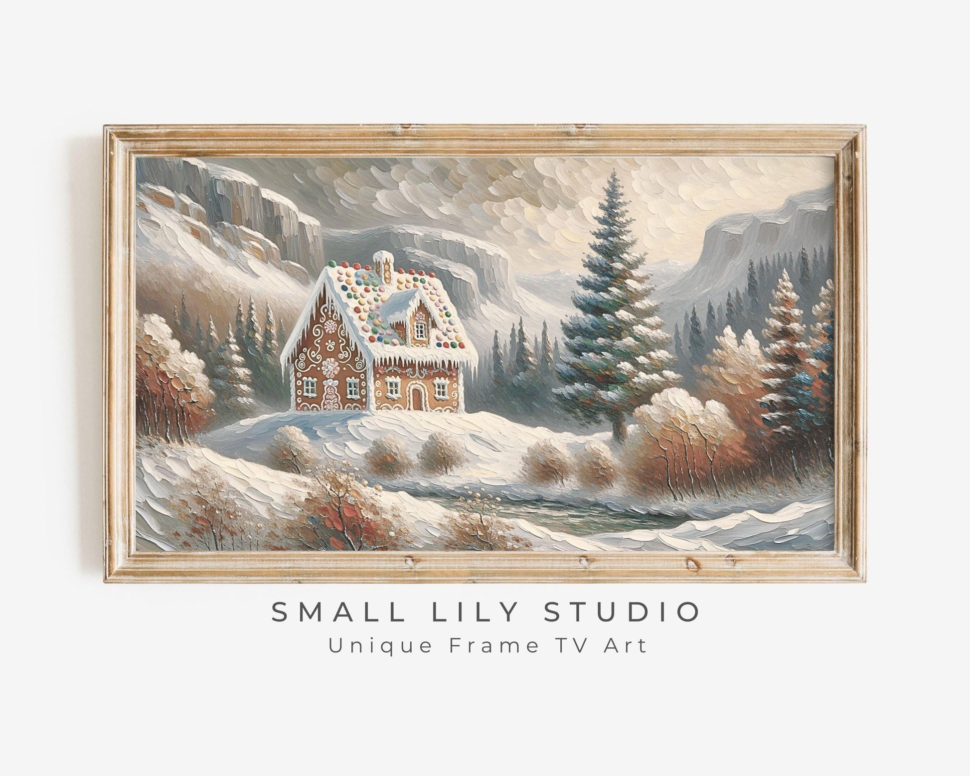 This TV screensaver or Samsung Frame TV art is a digital download of a unique gingerbread house artwork. In the style of a vintage impressionist painting, this charming artwork features a gingerbread house on a hill in a winter forest.