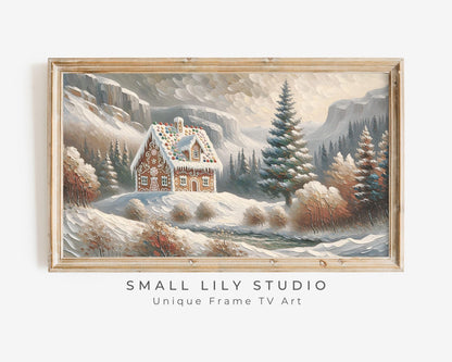 This TV screensaver or Samsung Frame TV art is a digital download of a unique gingerbread house artwork. In the style of a vintage impressionist painting, this charming artwork features a gingerbread house on a hill in a winter forest.