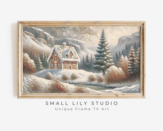 This TV screensaver or Samsung Frame TV art is a digital download of a unique gingerbread house artwork. In the style of a vintage impressionist painting, this charming artwork features a gingerbread house on a hill in a winter forest.