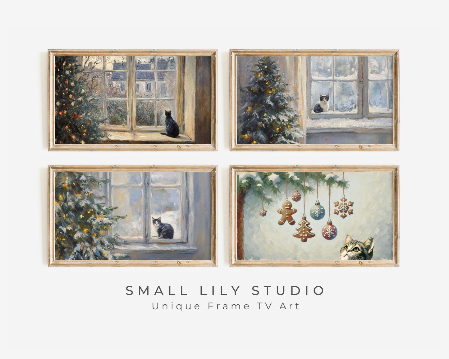 Christmas FRAME TV Art Cute Cats BUNDLE, Samsung Frame Tv Vintage Style Painting set, Cat lover tv art screensaver for holidays | TV565