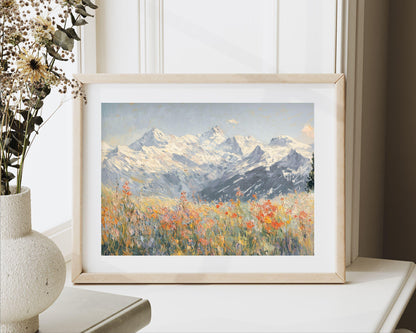 PRINTABLE Alps and Wildflowers Print, Vintage Style Winter Floral Wall Art, Textured Spring landscape painting Swiss Mountains | P097