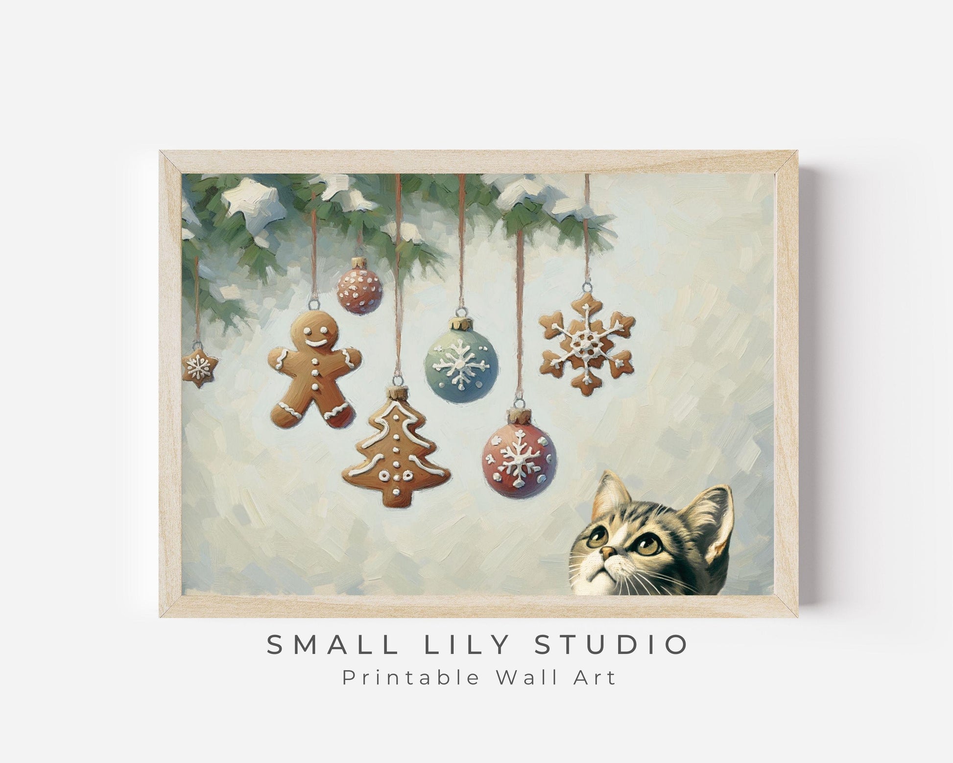 Cat and Christmas Ornaments Printable Wall Art
