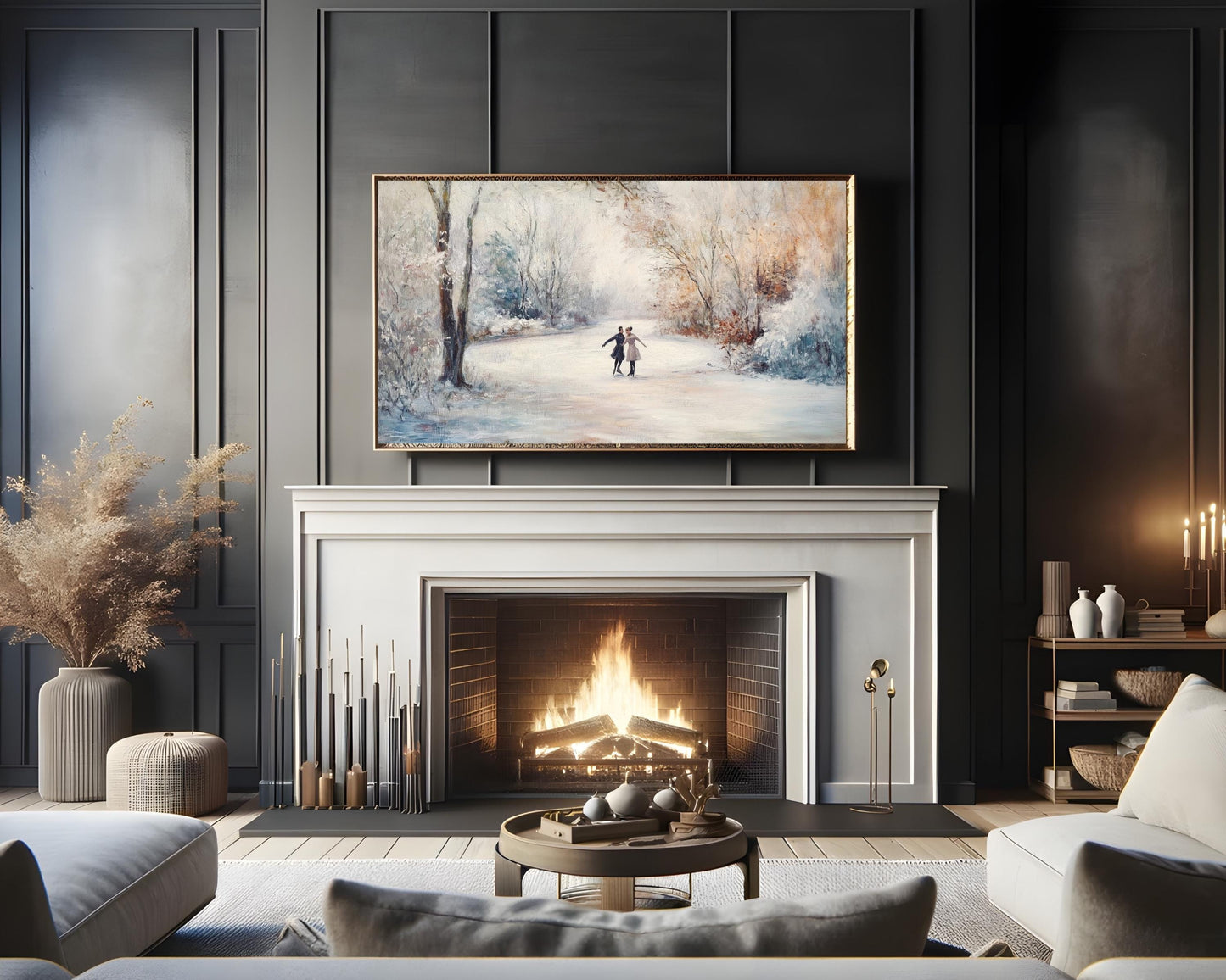 FRAME TV art Ice Skating in Winter Landscape, Samsung Frame tv art ice dancing retro vintage style painting, Winter holidays tv art | TV452