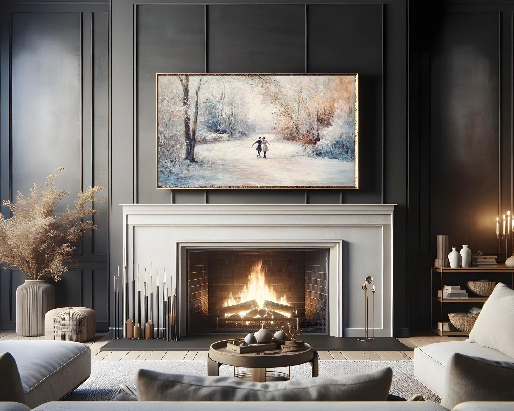 FRAME TV art Ice Skating in Winter Landscape, Samsung Frame tv art ice dancing retro vintage style painting, Winter holidays tv art | TV452