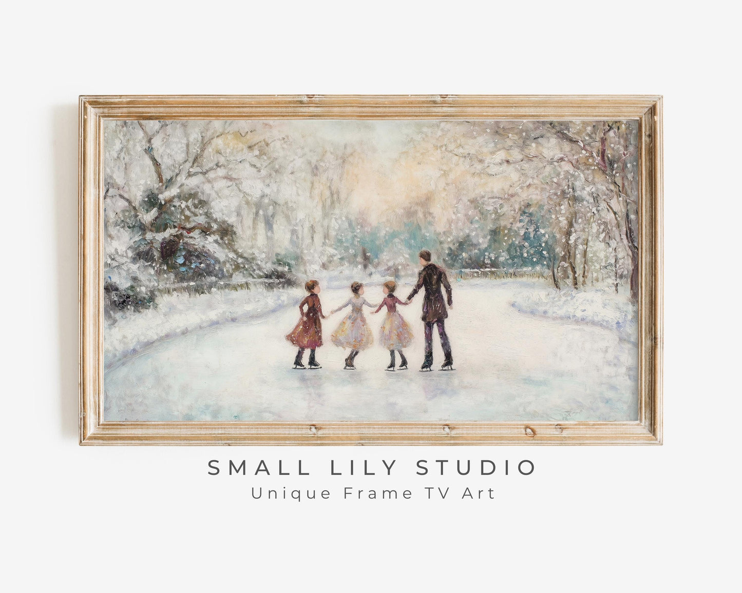 FRAME TV art Family Ice Skating in Winter Landscape, Samsung Frame tv art retro vintage style painting winter holidays fun with kids | TV453