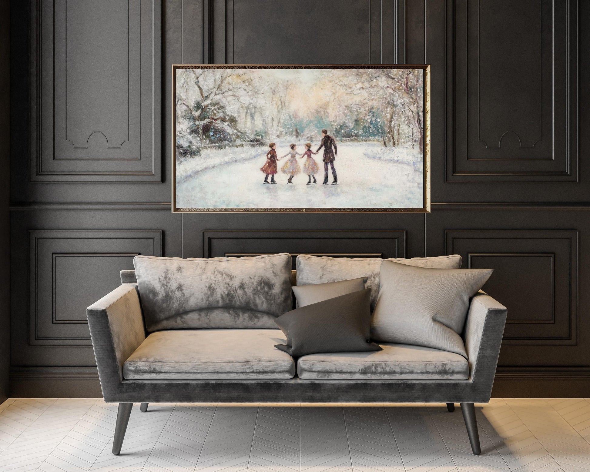 FRAME TV art Family Ice Skating in Winter Landscape, Samsung Frame tv art retro vintage style painting winter holidays fun with kids | TV453