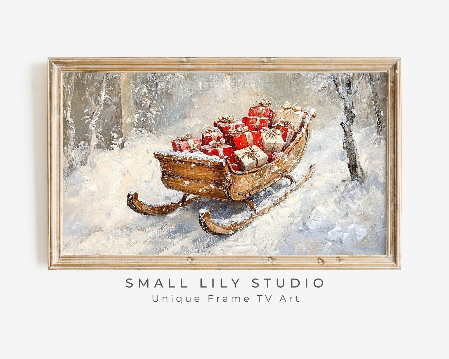 FRAME TV art Gifts in Winter Sleigh, Christmas Frame tv picture, Samsung Frame tv art festive vintage style sleigh with presents | TV552