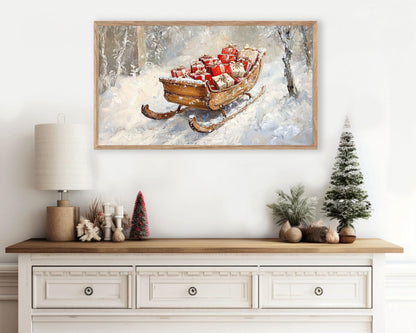 FRAME TV art Gifts in Winter Sleigh, Christmas Frame tv picture, Samsung Frame tv art festive vintage style sleigh with presents | TV552