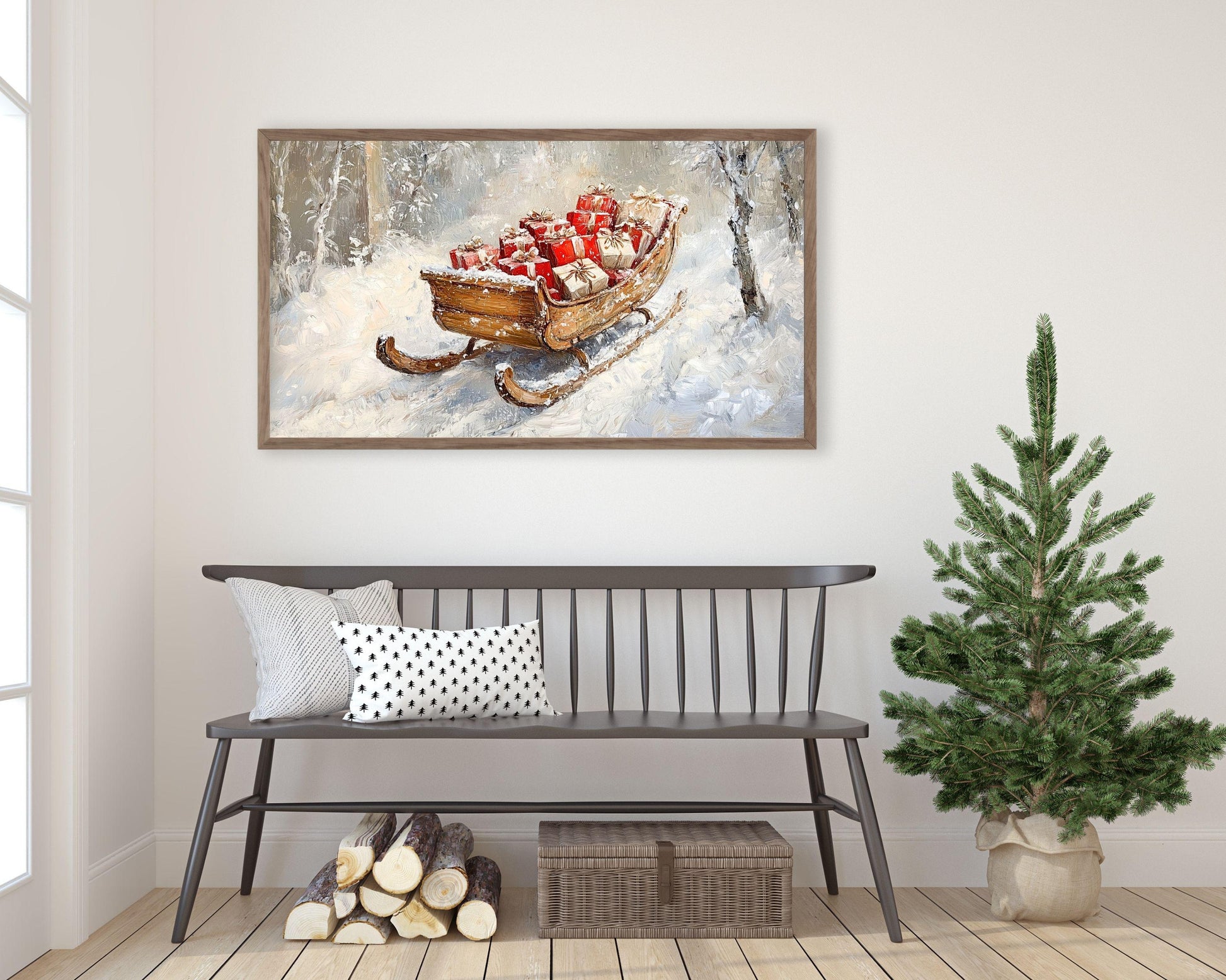 Gifts in Winter Sleigh Christmas Frame TV Art