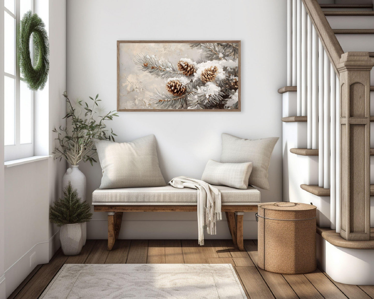 FRAME TV art Pinecones on Tree Branch, Winter Samsung Frame TV art, Farmhouse Christmas painting, Tv art neutral organic brown green | TV546