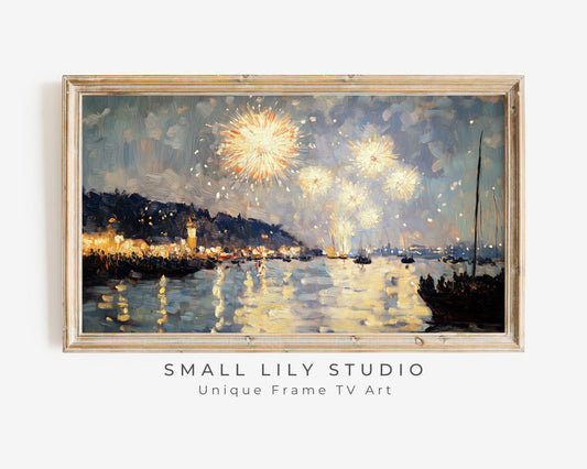 FRAME TV art NYE Fireworks over Harbor, New Years Eve Celebration Tv Screensaver, Samsung Frame Tv art vintage style painting | TV568