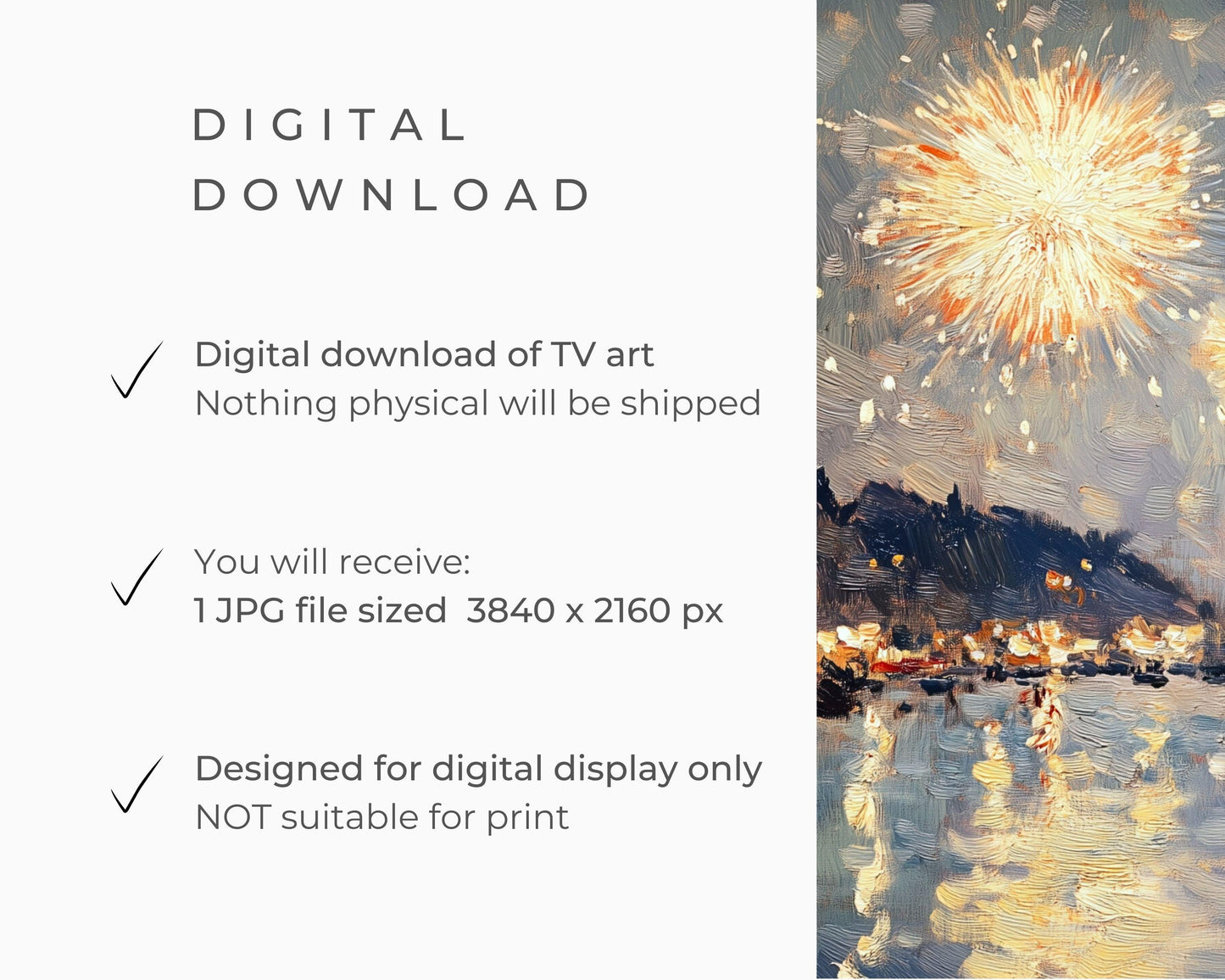 FRAME TV art NYE Fireworks over Harbor, New Years Eve Celebration Tv Screensaver, Samsung Frame Tv art vintage style painting | TV568