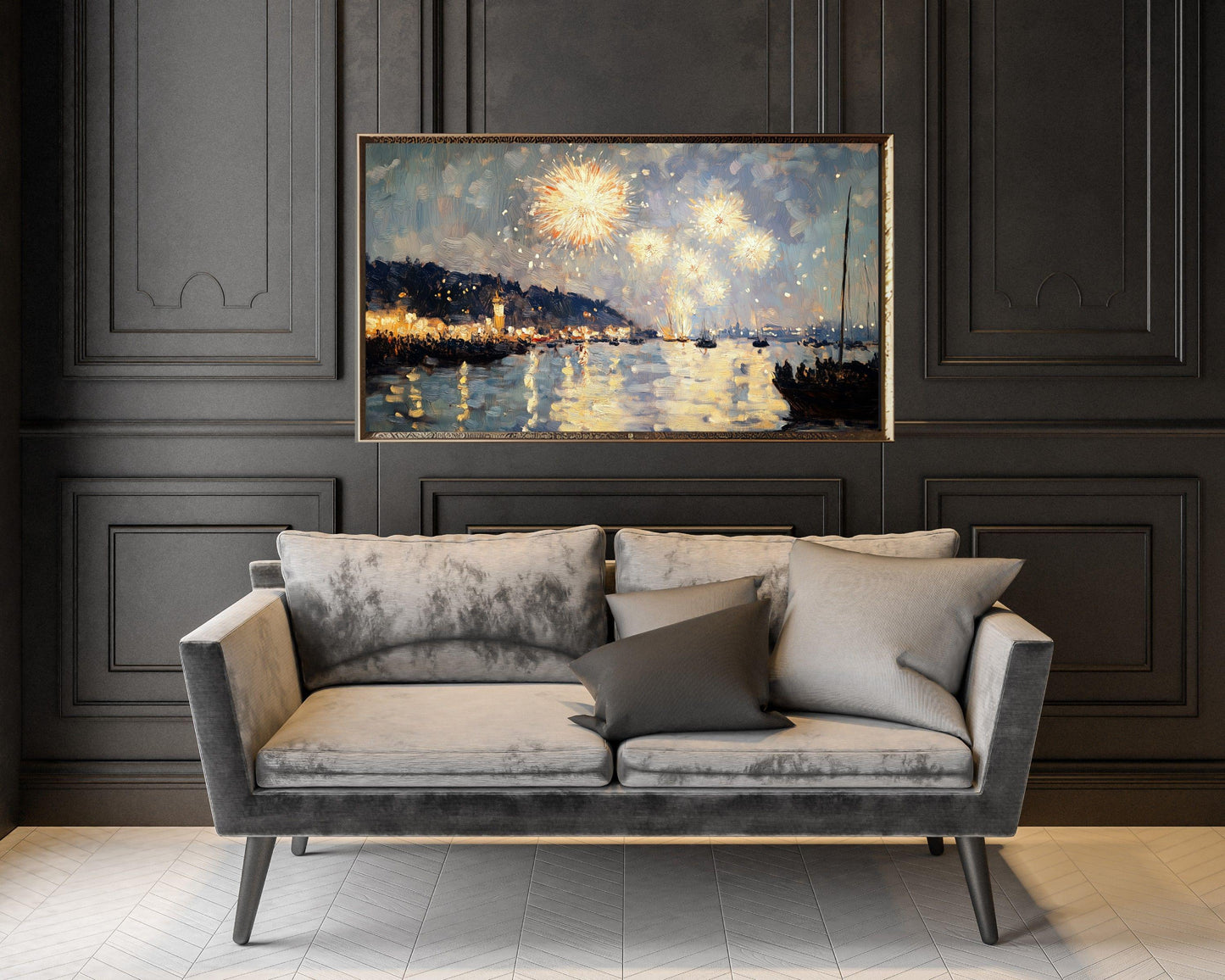 FRAME TV art NYE Fireworks over Harbor, New Years Eve Celebration Tv Screensaver, Samsung Frame Tv art vintage style painting | TV568