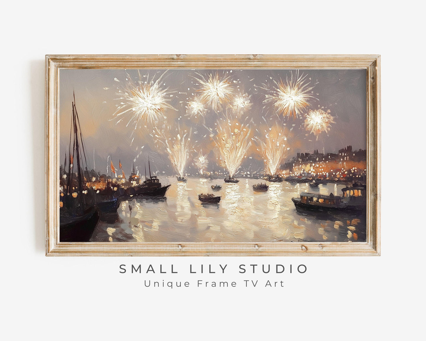 FRAME TV art NYE Fireworks over Water, New Years Eve Celebration Tv Screensaver, Samsung Frame Tv art vintage style painting pink | TV569