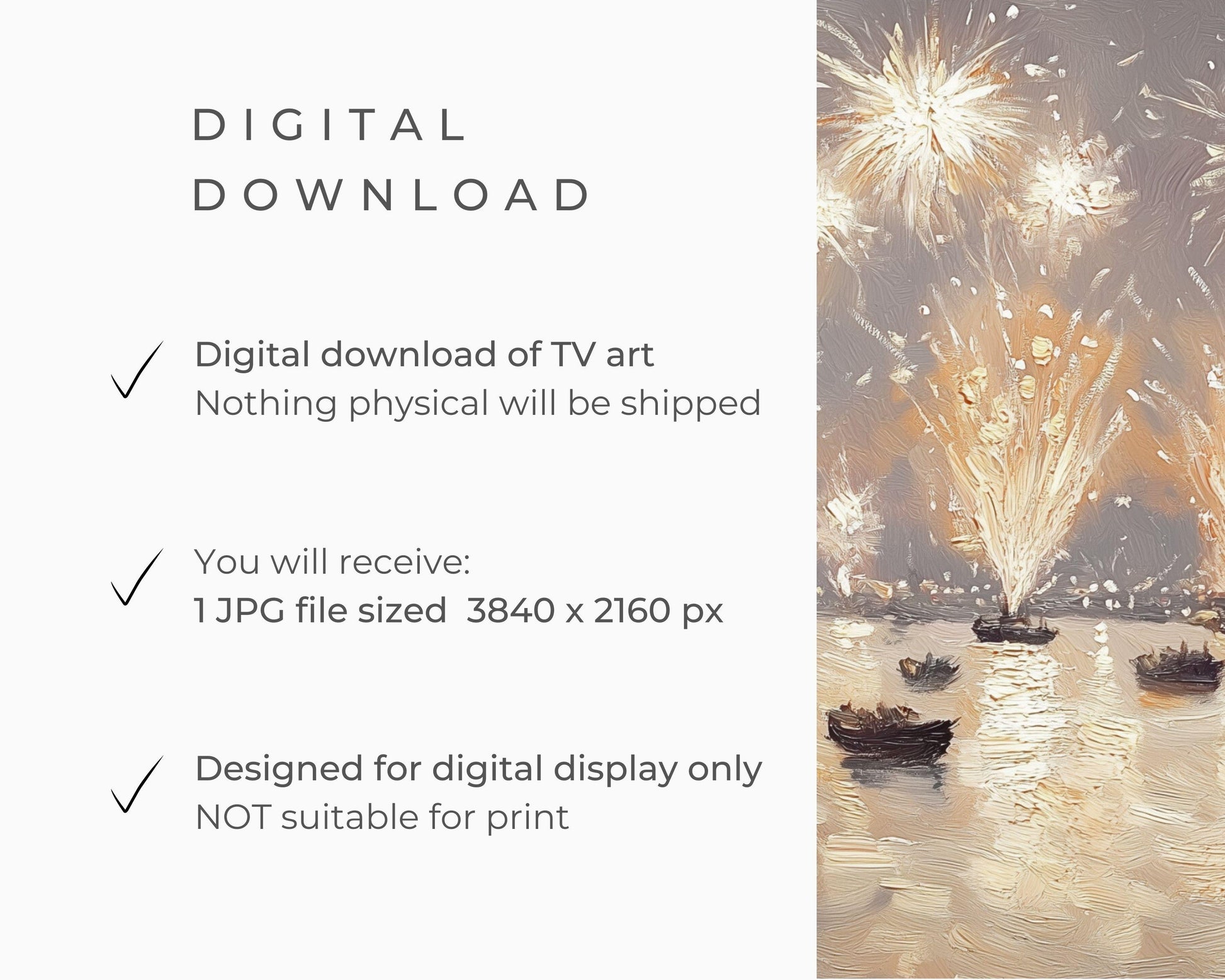 FRAME TV art NYE Fireworks over Water, New Years Eve Celebration Tv Screensaver, Samsung Frame Tv art vintage style painting pink | TV569