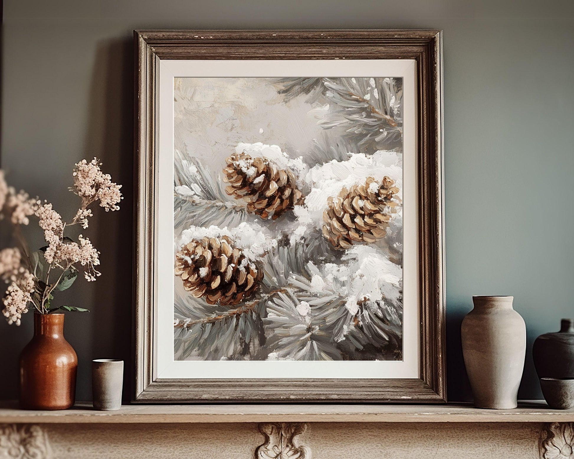 PRINTABLE Pinecones Print, Vintage Style Vertical Wall Art Tree Branch in Snow, Neutral Winter Painting Organic Farmhouse Home Decor | P110