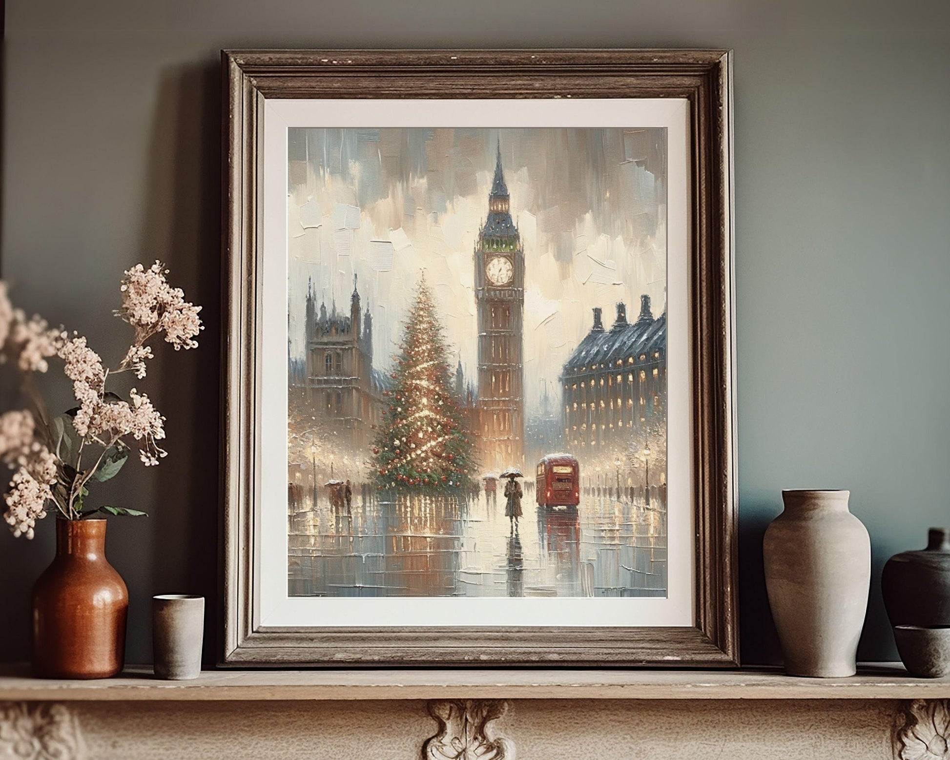 PRINTABLE London Christmas Print, Vintage Style Xmas Vertical Wall Art City in the Rain, Warm neutral painting textured streetscape | P111