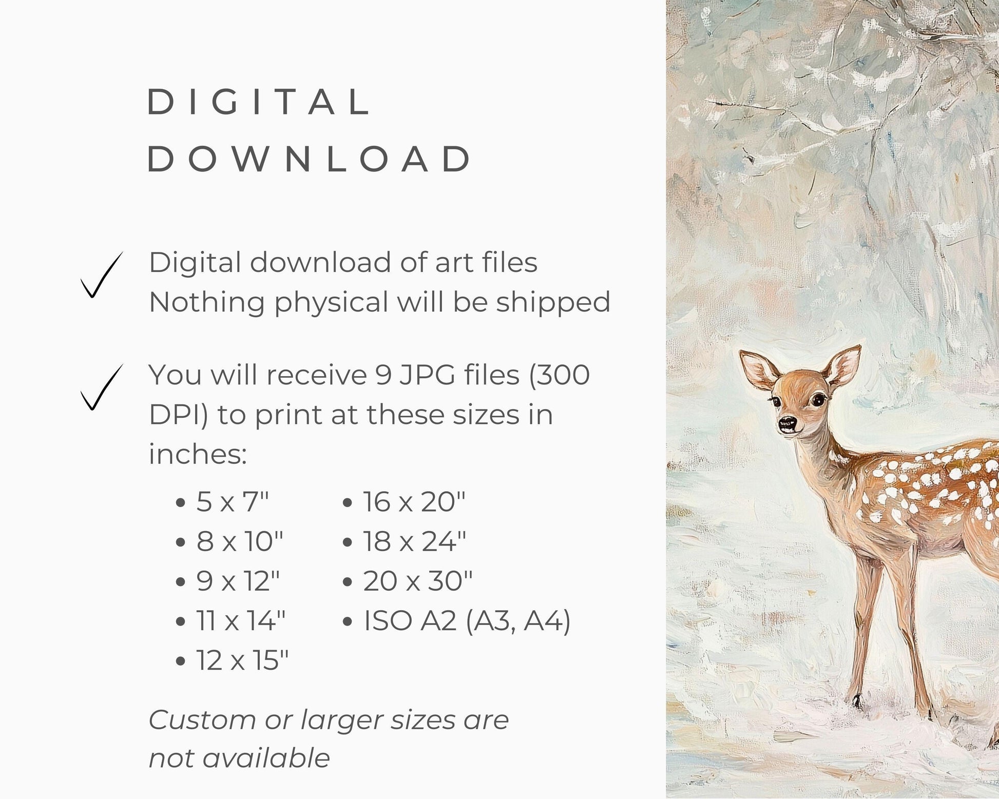 PRINTABLE Deer in Winter Landscape Print, Cute Holidays Wall Art for Kids Room, Neutral Christmas Painting Whimsical Vertical Print | P112