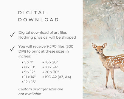 PRINTABLE Deer in Winter Landscape Print, Cute Holidays Wall Art for Kids Room, Neutral Christmas Painting Whimsical Vertical Print | P112