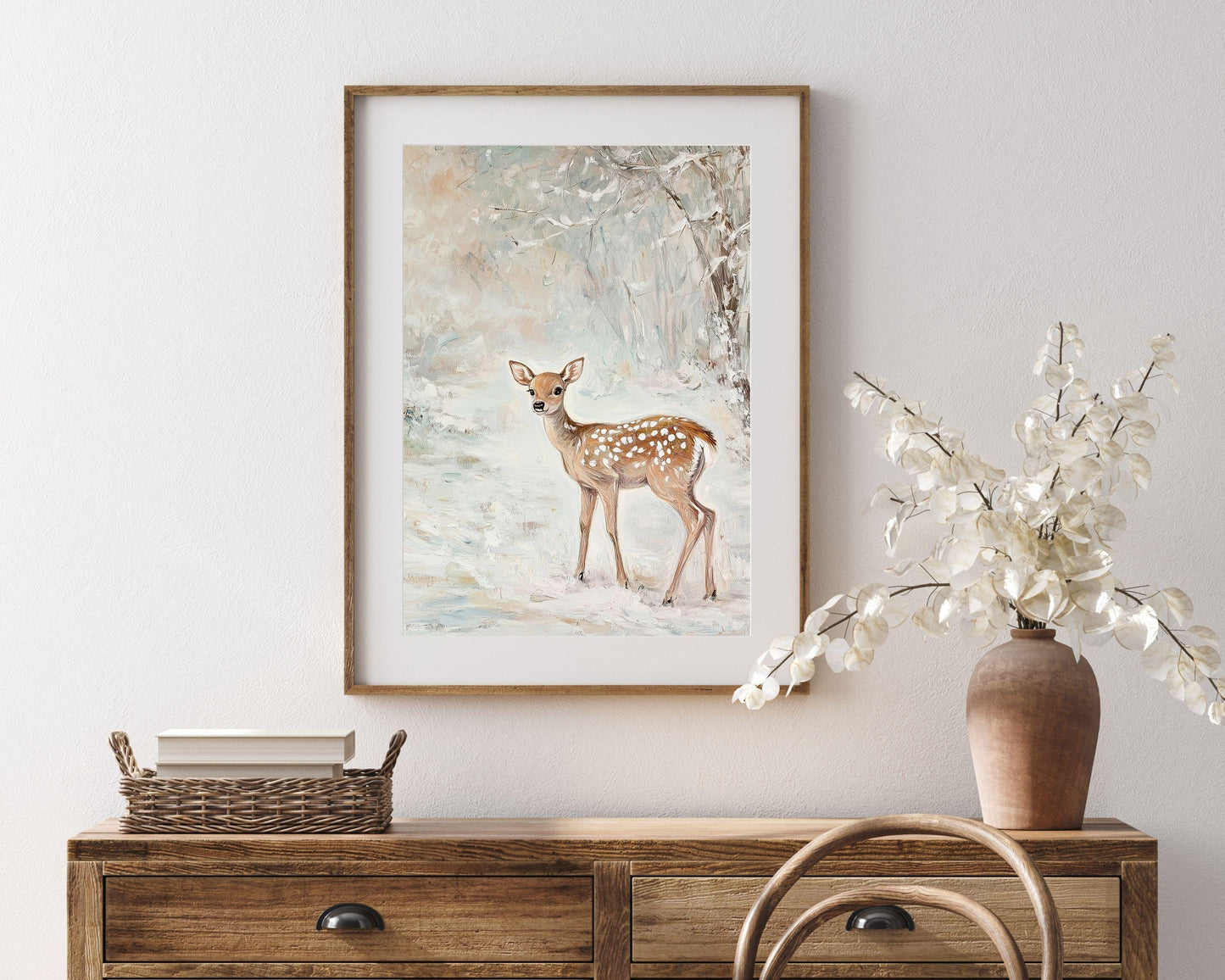 PRINTABLE Deer in Winter Landscape Print, Cute Holidays Wall Art for Kids Room, Neutral Christmas Painting Whimsical Vertical Print | P112