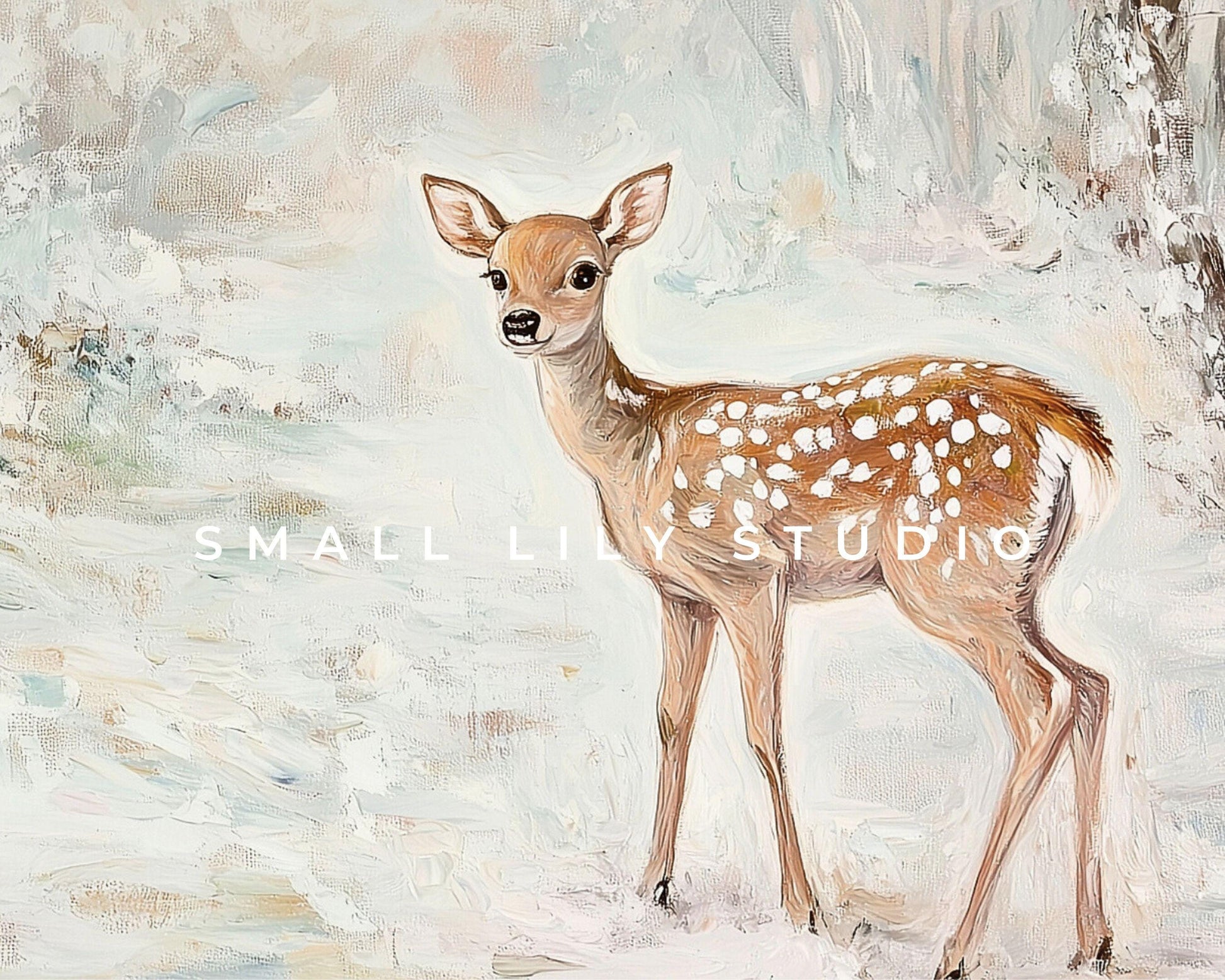 PRINTABLE Deer in Winter Landscape Print, Cute Holidays Wall Art for Kids Room, Neutral Christmas Painting Whimsical Vertical Print | P112