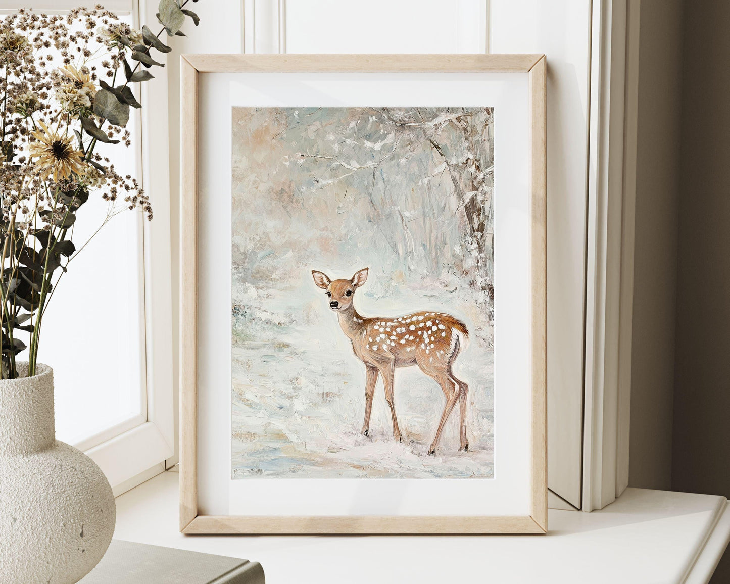 PRINTABLE Deer in Winter Landscape Print, Cute Holidays Wall Art for Kids Room, Neutral Christmas Painting Whimsical Vertical Print | P112