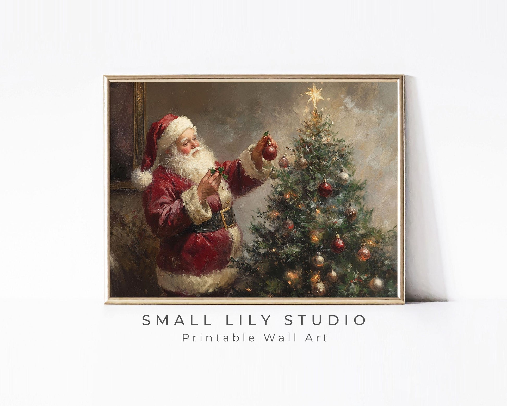 Santa Decorating Christmas Tree Printable Wall Art