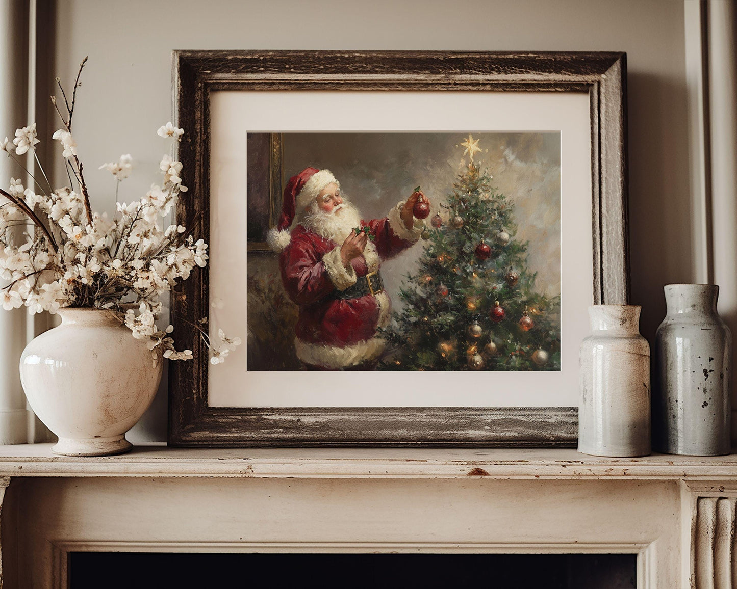 PRINTABLE Santa Decorating Christmas Tree Print, Moody Vintage Style Father Christmas Wall Art, Santa painting burgundy farmhouse | P114