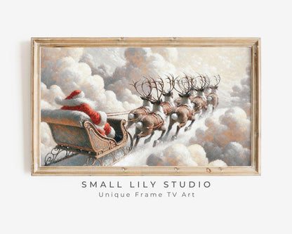 FRAME TV art Santa in Sleigh Flying with Reindeer, Christmas Frame tv pictures, Samsung Frame tv artwork Christmas vintage style | TV555