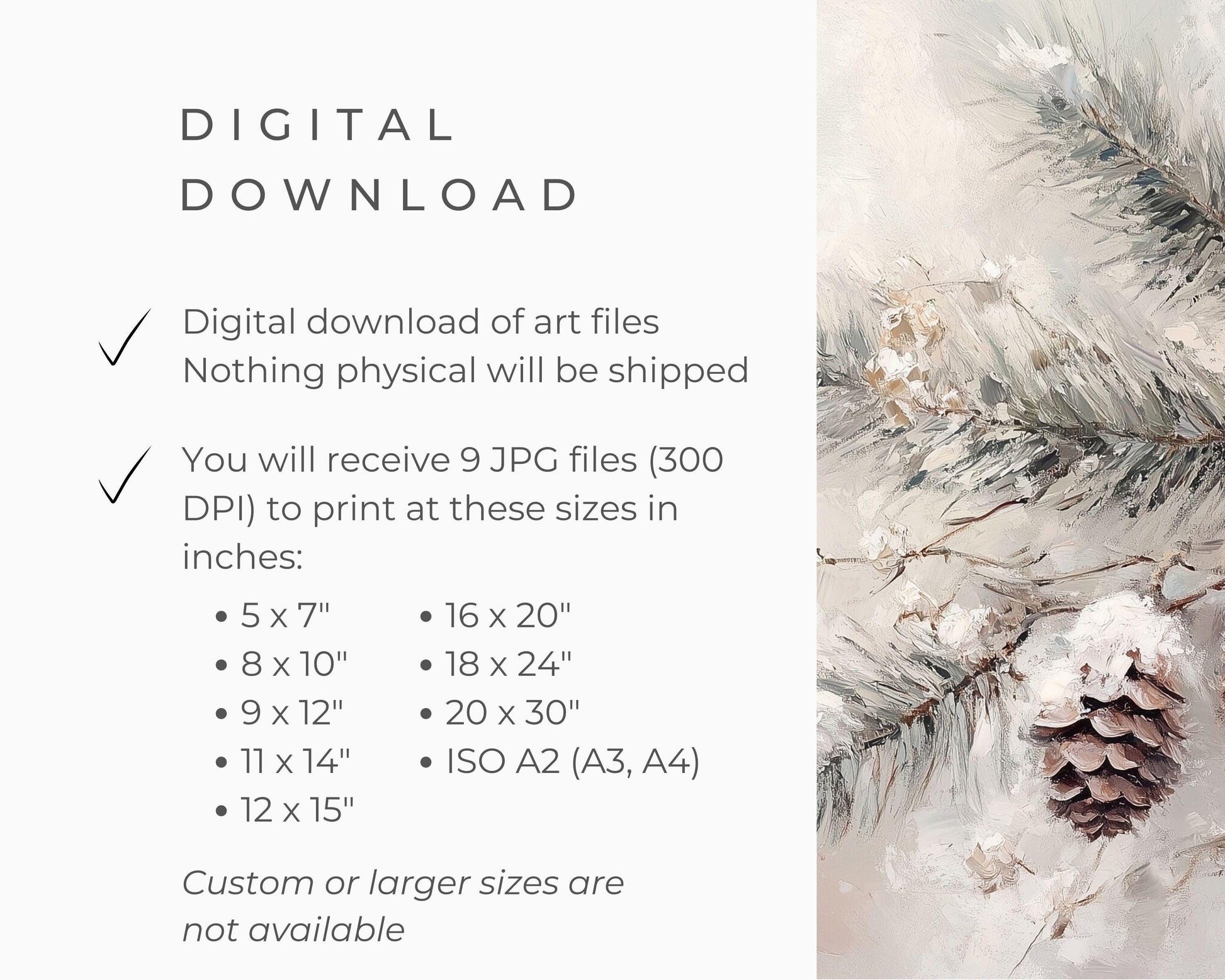 PRINTABLE Pine Cones Print, Vintage Style Wall Art Tree Branch in Snow, Neutral Winter Painting Modern Organic Farmhouse Home Decor | P100