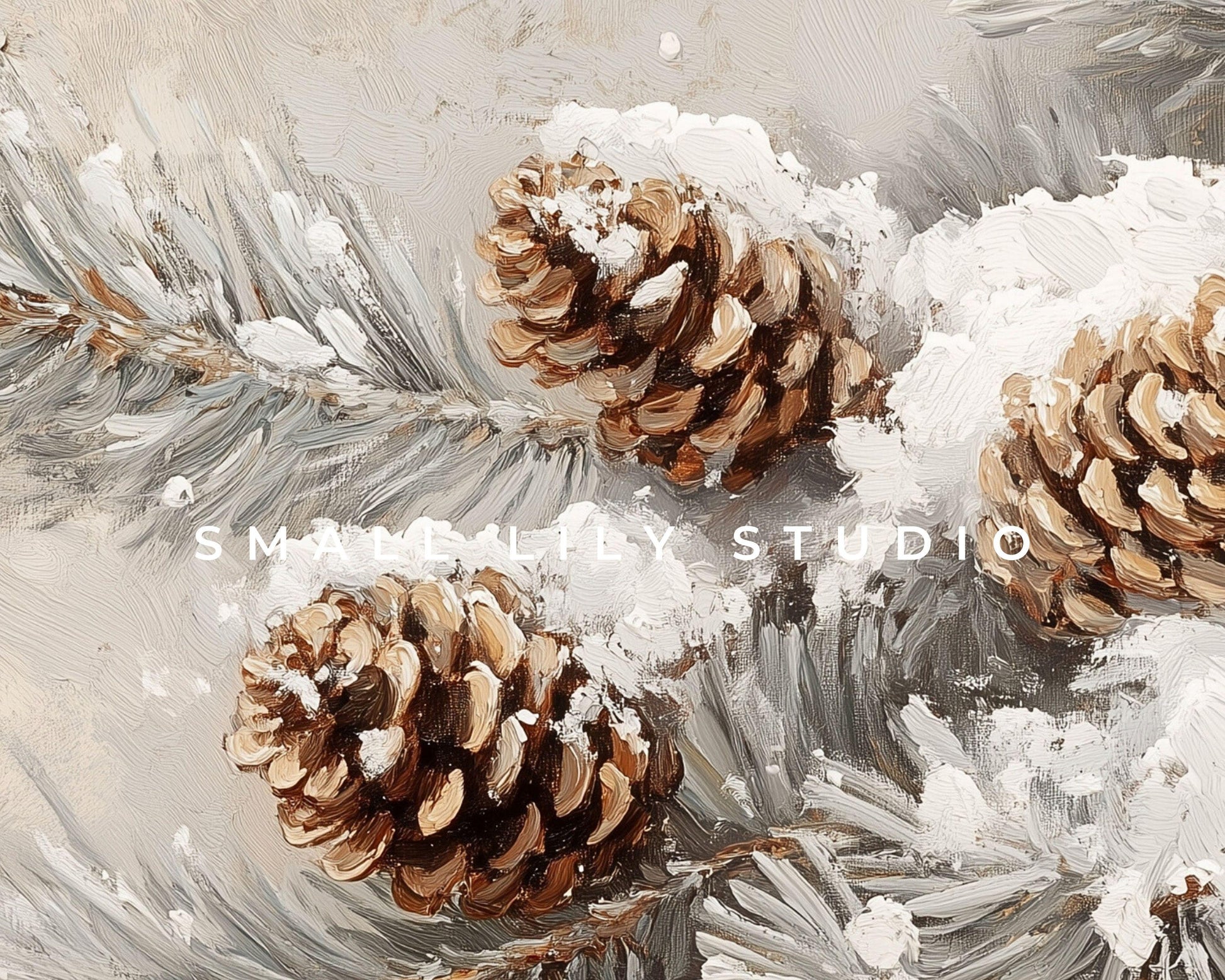 PRINTABLE Pinecones Print, Vintage Style Wall Art Tree Branch in Snow, Neutral Winter Painting Modern Organic Farmhouse Home Decor | P101