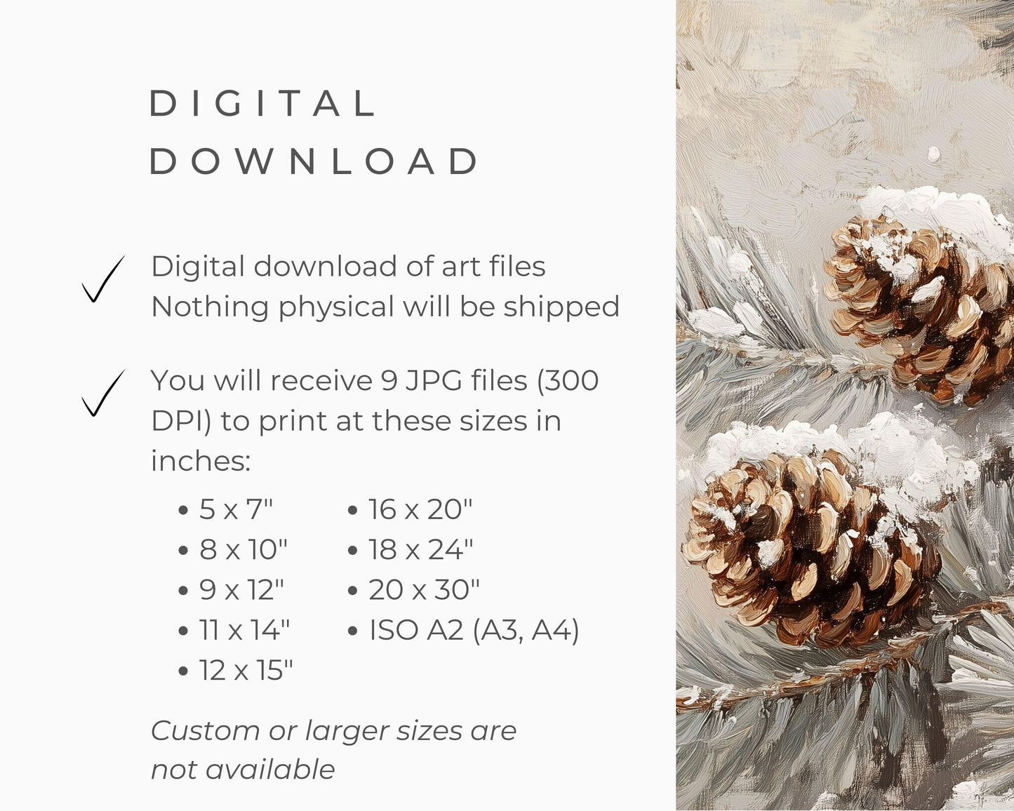 PRINTABLE Pinecones Print, Vintage Style Wall Art Tree Branch in Snow, Neutral Winter Painting Modern Organic Farmhouse Home Decor | P101