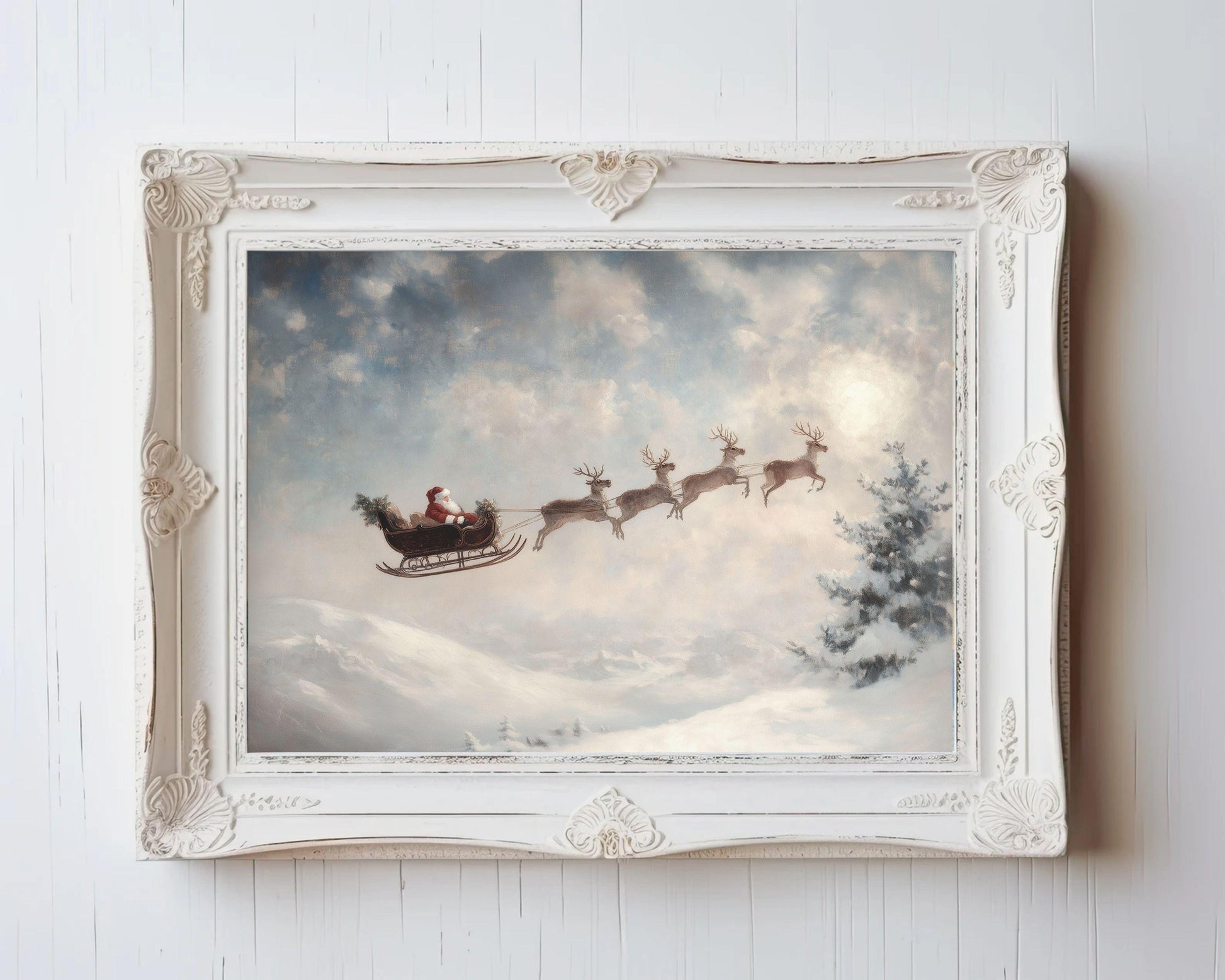 PRINTABLE Flying Santa Print, Christmas Wall Art Reindeer and Sleigh Vintage Style Painting, Magical holiday picture blue white | P116