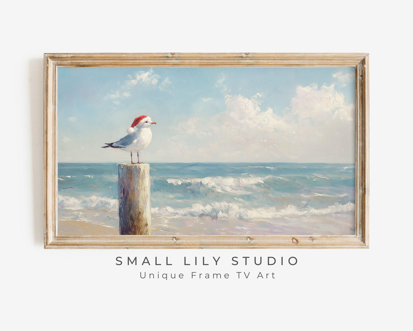 FRAME TV art Beach Christmas Seagull in Santa Hat, Coastal Christmas Samsung Frame tv art, Fun Cute Summer Tropical Xmas picture | TV571