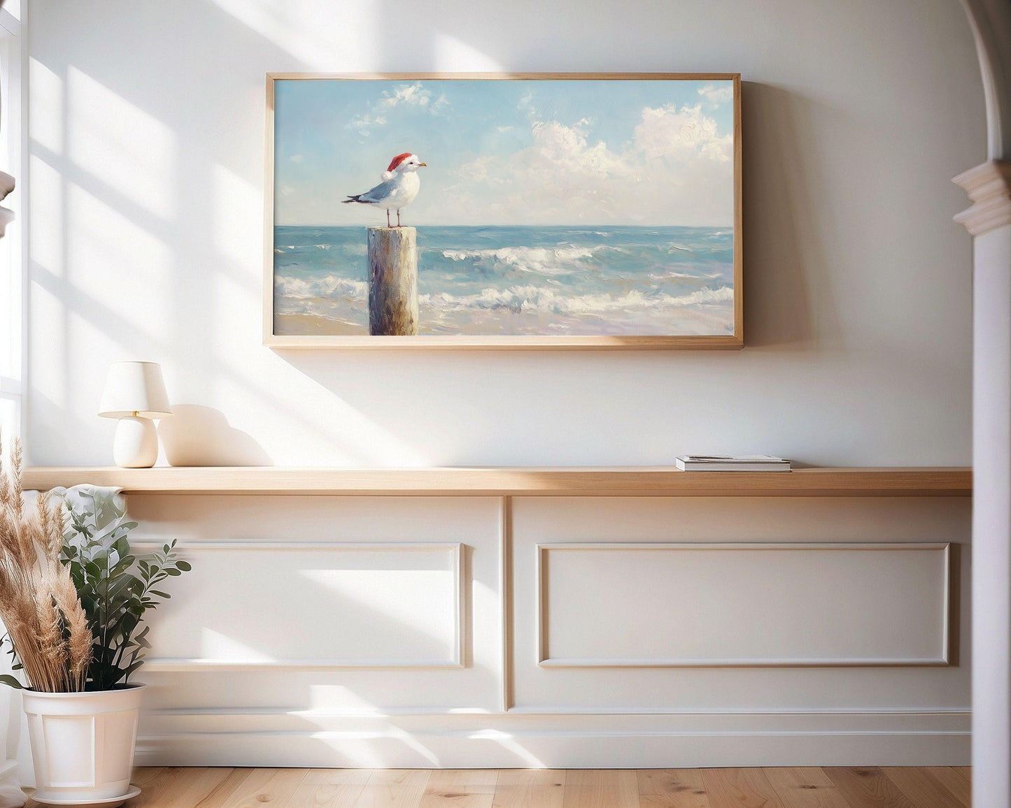 FRAME TV art Beach Christmas Seagull in Santa Hat, Coastal Christmas Samsung Frame tv art, Fun Cute Summer Tropical Xmas picture | TV571