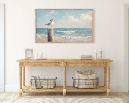 Beach Christmas Seagull in Santa Hat Frame TV Art