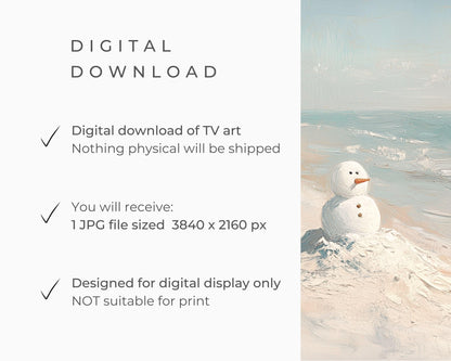 FRAME TV art Snowman on Beach, Coastal Christmas Samsung Frame tv art pastel blue white, Fun Cute Xmas picture for kids screensaver | TV572