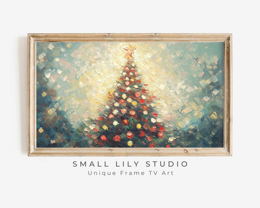 FRAME TV art Christmas Tree Red Green Gold, Samsung Frame TV Christmas art colorful, Textured vintage style painting tv screensaver | TV573