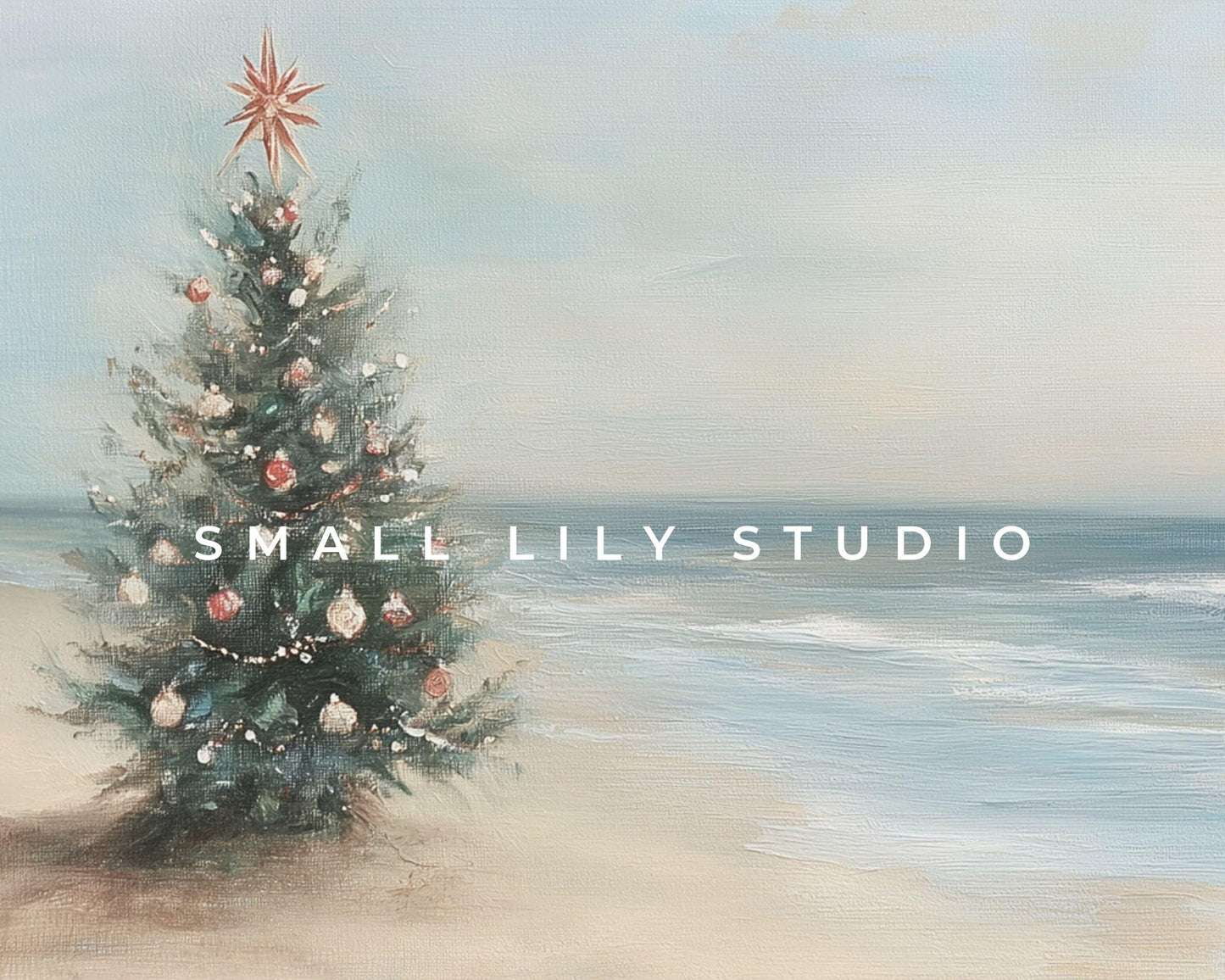 PRINTABLE Coastal Christmas Print, Wall Art Christmas Tree on Beach Vintage Style Painting, Seaside ocean print beach house wall art | P102