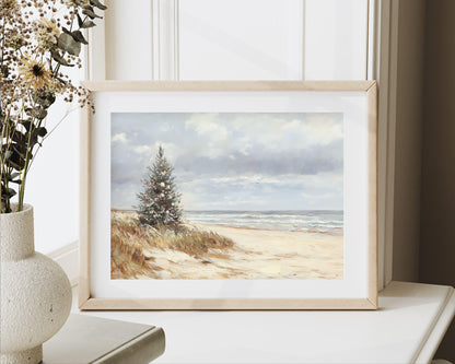 PRINTABLE Coastal Christmas Print, Wall Art Christmas Tree on Beach Vintage Style Painting, Seaside ocean print beach house wall art | P103