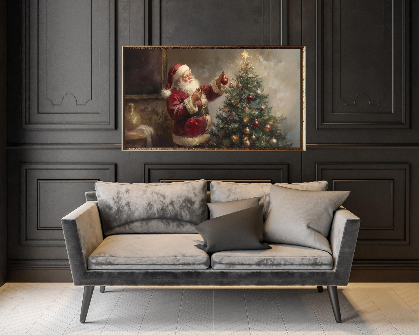 Christmas FRAME TV art Santa Decorating Christmas Tree, Moody Vintage Style Christmas Samsung Frame tv art, Dark Festive TV painting | TV564