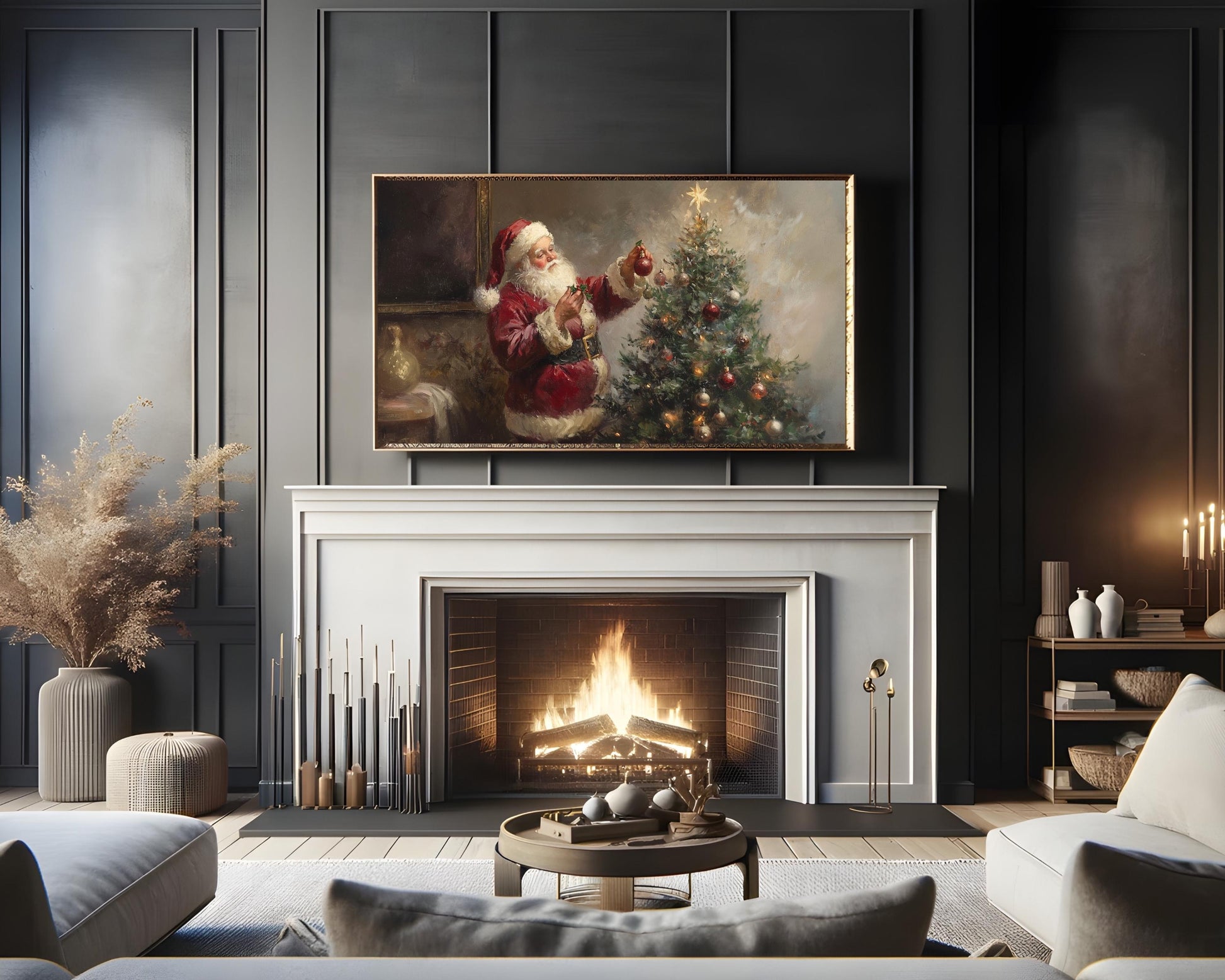 Christmas FRAME TV art Santa Decorating Christmas Tree, Moody Vintage Style Christmas Samsung Frame tv art, Dark Festive TV painting | TV564