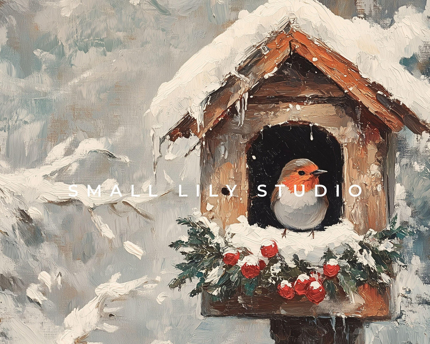 FRAME TV art Bird in Christmas Birdhouse, Neutral Winter Samsung Frame tv art vintage painting style, Cute red bird picture for kids | TV556